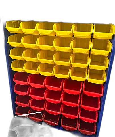 Wall-mounted louvre panel with stackable plastic parts bins